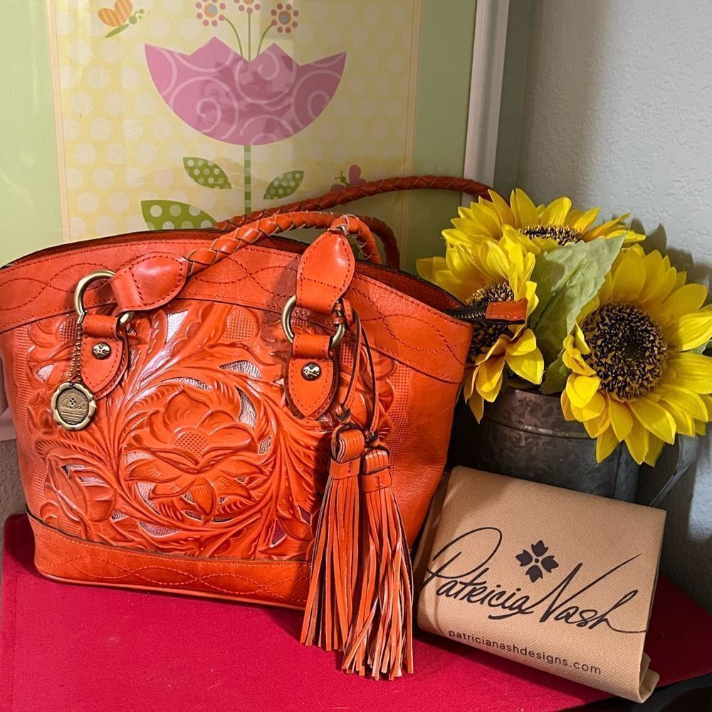 Patricia Nash “Broncos” Leather Zorita Tool Vibrant Orange Satchel 2 tassels